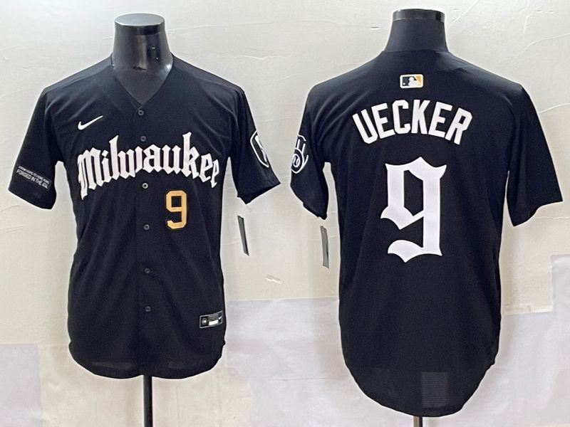 Men 2025 Milwaukee Brewers #9 Uecker Black Five generations Joint Name Nike MLB Jersey style 3